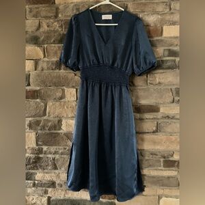 Dear John Jennifer V-Neck Smocked Waist Midi Dress in the color New Blue